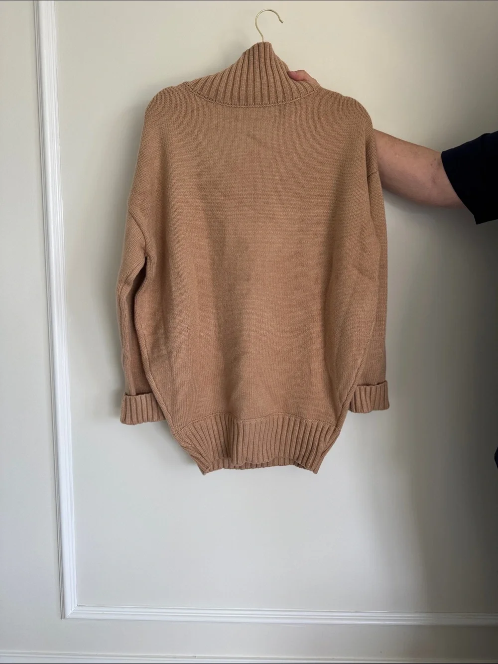 Women's Ribbed Cowl Neck Sweater - Camel/Tan